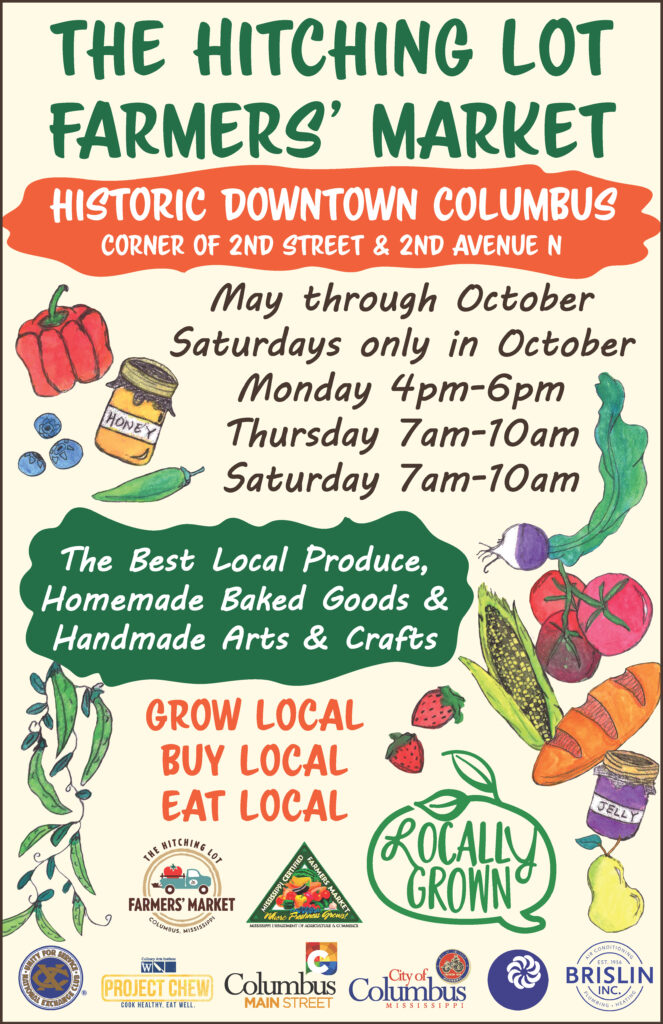 2022 Hitching Lot Farmers' Market poster with illustrations of produce, market hours, address, and sponsor logos